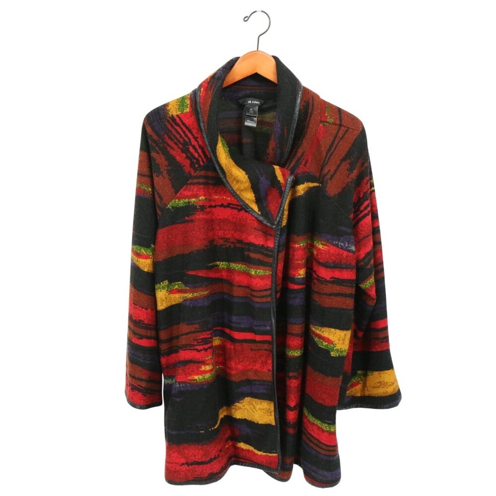Ali Miles Southwestern Aztec Faux Leather Trim Cowl Neck Cardigan Sweater 2X